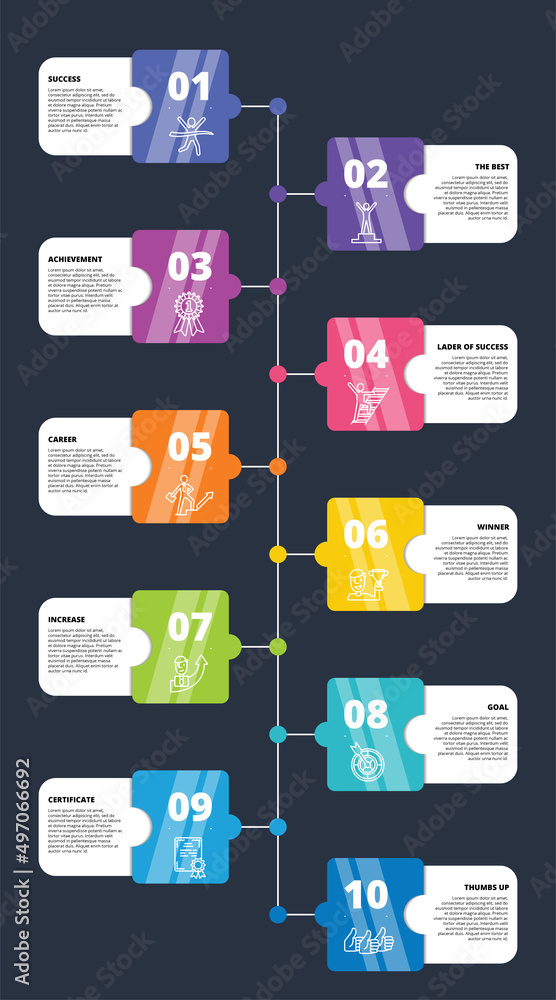 Infographic Success template. Icons in different colors. Include Success, The Best, Achievement, Lader Of Success and others.