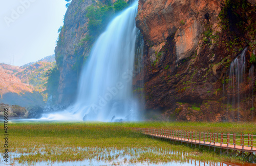 Abstract background - Amazing Kapuzbasi waterfall with Beautiful landscape with Sultan Marshes  bird paradise 