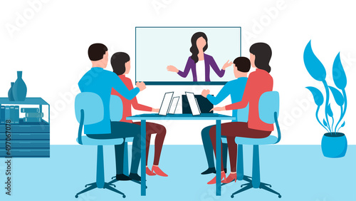 woman giving presentation on video call, business character vector illustration.