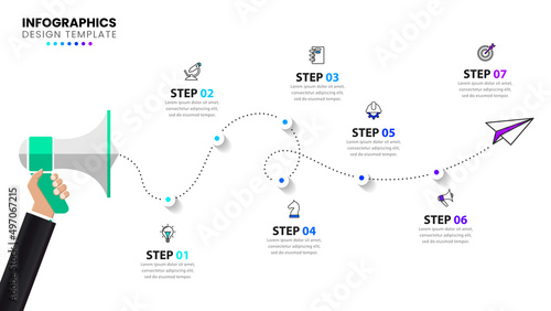 Infographic template with icons and 7 options or steps. Megaphone