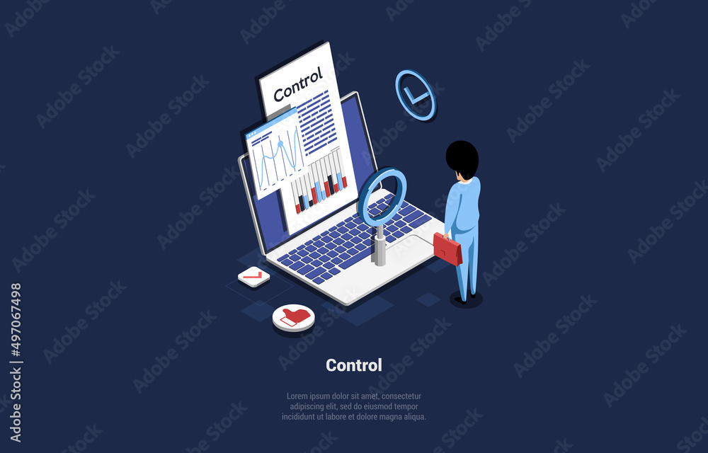 Concept Of Business Control Using Modern Technologies. Man Looking On Laptop Screen With Charts. Full Control of Business Reports. Manager Analyzes Business Chart. Isometric 3d Vector Illustration Concept Of Business Control Using Modern Technologies. Man Looking On Laptop Screen With Charts. Full Control of Business Reports. Manager Analyzes Business Chart. Isometric 3d Vector Illustration