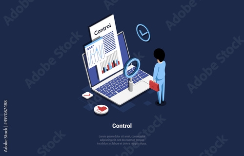 Concept Of Business Control Using Modern Technologies. Man Looking On Laptop Screen With Charts. Full Control of Business Reports. Manager Analyzes Business Chart. Isometric 3d Vector Illustration