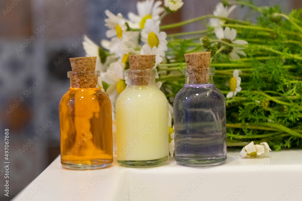 Small, colored shampoo bottles. Selective focus. Small, colored shampoo bottles. Selective focus.