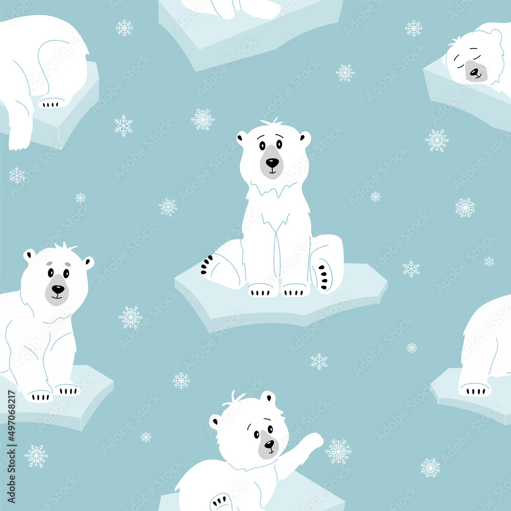 Seamless pattern with white polar bears. Cute wild northern animals in cartoon style for kids. Hand drawn vector illustration isolated on blue background with snowflakes. Modern trendy flat style.