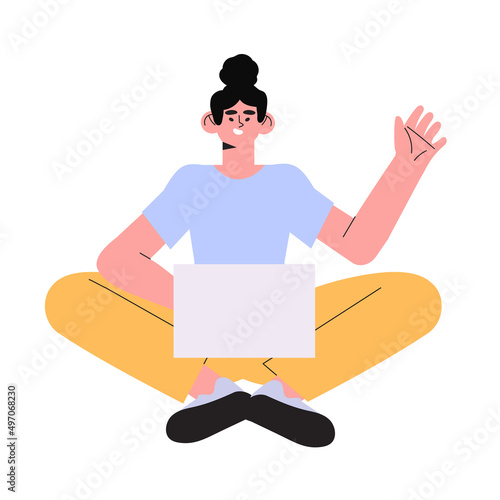 Woman with laptop sitting and waving hand saying hello and welcome. Concept illustration for working, freelancing, studying, education or work from home. Vector illustration in flat cartoon style.