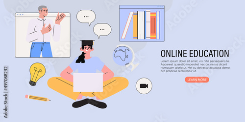 Student learning online at home. Character sitting and looking at laptop. Studying character with exercise books and tutor or professor talking through conference or video call. Online education.