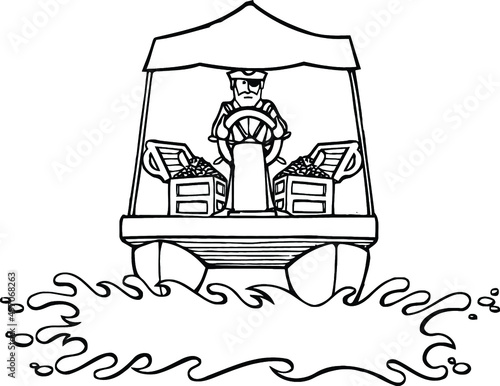 pontoon with pirate captain and treasure chests
