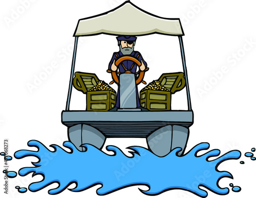 pontoon with pirate captain and treasure chests
