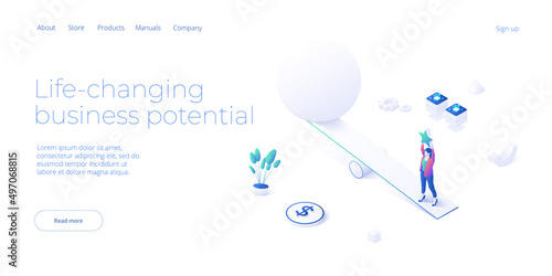 Business weight potential in isometric vector design concept. Powerful businesswoman striving and achieving corporate goal. Motivation web banner layout