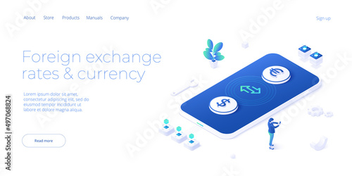 Cellphone app for currency exchange. Online mobile banking application in isometric vector design. Businesswoman using phone to change money