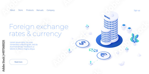 Currency exchange rates via offline bank. Online mobile banking application in isometric vector design. Money changing procedure