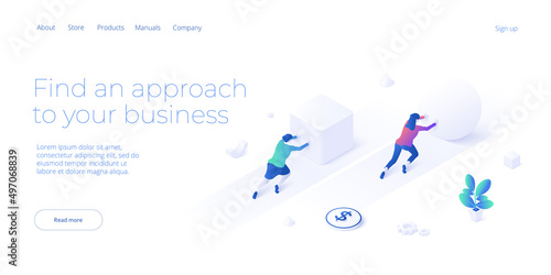 Business strength potential or advantage in isometric vector design concept. Powerful businesswoman striving and achieving corporate goal