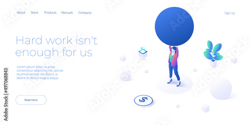 Business weight potential in isometric vector design concept. Powerful businesswoman striving and achieving corporate goal. Motivation web banner layout