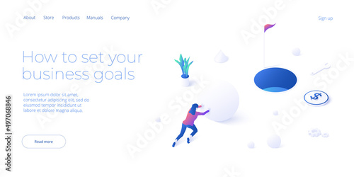 Business weight potential in isometric vector design concept. Powerful businesswoman striving and achieving corporate goal. Motivation web banner layout