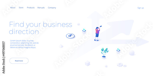 Businesswoman choosing successful direction on crossroad. Business decision challenge concept in isometric vector design. Achieving financial goal metaphor
