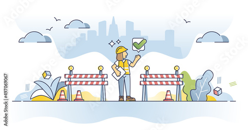Fototapeta Naklejka Na Ścianę i Meble -  Construction safety with marked closed road for protection outline concept. Personal security equipment with helmet and vest for construction site vector illustration. Hazard requirement or regulation