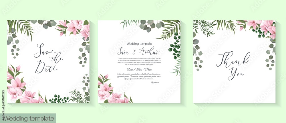 Vector herbal wedding invitation template. Different herbs, Sakura, magnolia, green plants and leaves, unripe berries, round gold frame. All elements can be isolated.