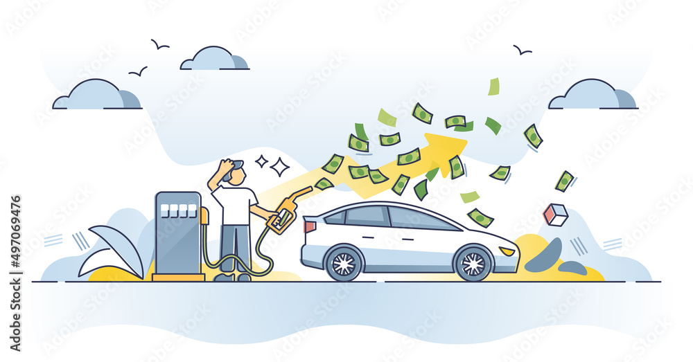 Fuel economy crisis and expensive gas consumption prices outline concept. Fossil energy value financial increasing and money flow out of petrol nozzle vector illustration. Car refill costs rising.