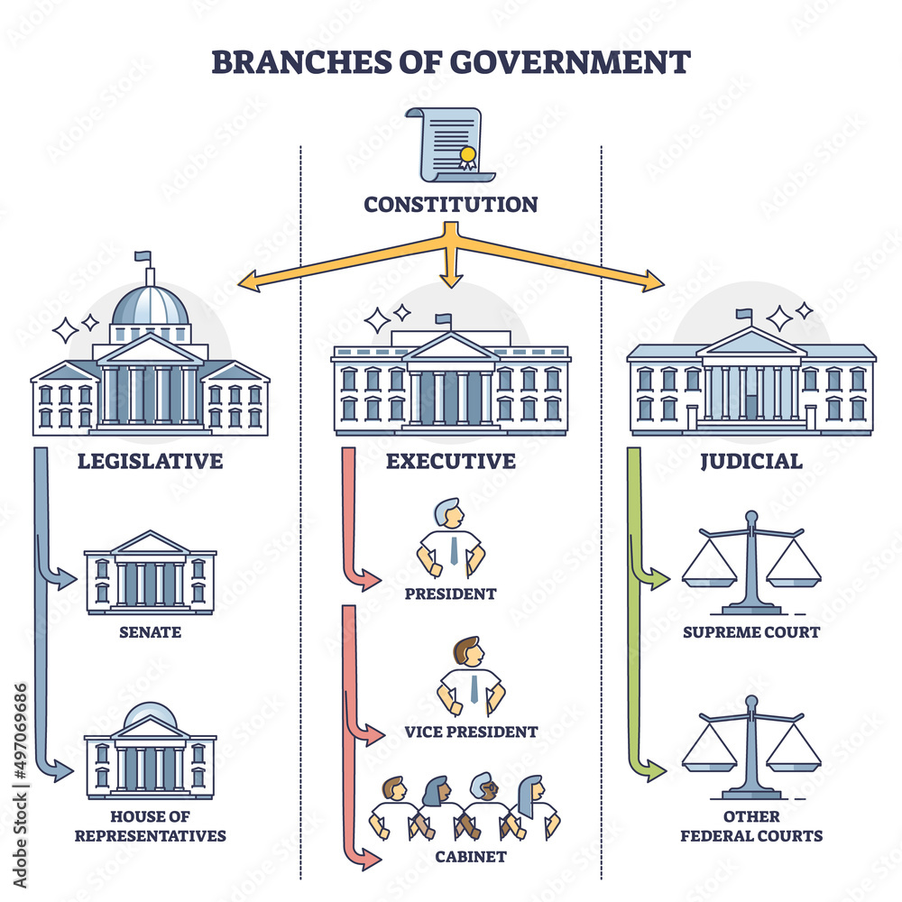 Branches of government with three distinct types outline diagram. Labeled  educational scheme with constitution as hierarchy leader and legislative,  executive or judicial structure vector illustration. Stock Vector | Adobe  Stock