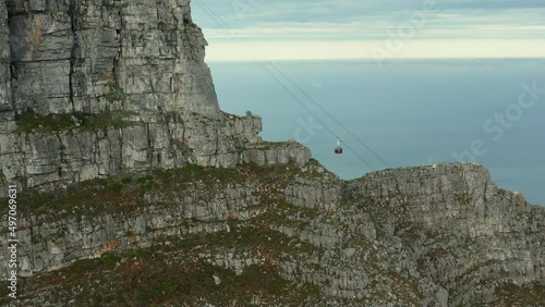 Moving Cable Car At Table Mountain Nature Reserve In Cape Town, South Africa. Aerial Drone Shot