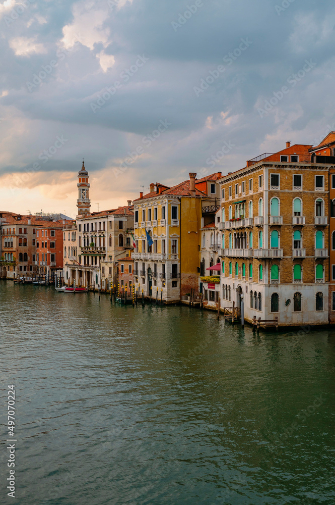 Venice, Italy - July 28 2021: Grand Canal during Beautiful Sunrise