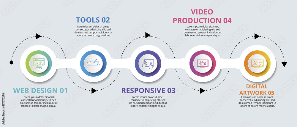Infographic Web Design template. Icons in different colors. Include Web Design, Tools, Responsive, Video Production and others. Infographic Web Design template. Icons in different colors. Include Web Design, Tools, Responsive, Video Production and others.