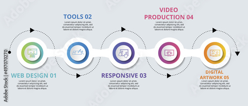Infographic Web Design template. Icons in different colors. Include Web Design, Tools, Responsive, Video Production and others.
