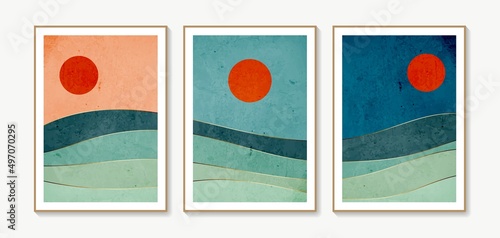 Sea and sun wall art set. Vector landscapes backgrounds set with wave and sun. Abstract arts design for wall framed prints, poster, cover, home decor, canvas prints, wallpaper.