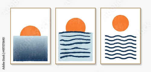 Sea and sun wall art set. Vector landscapes backgrounds set with wave and sun. Abstract arts design for wall framed prints, poster, cover, home decor, canvas prints, wallpaper.