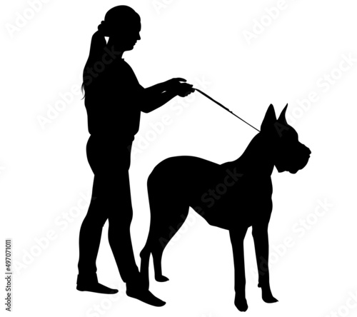 vector silhouette woman with dog great dane isolated on white background. girl and dog.Dog breed Great Dane