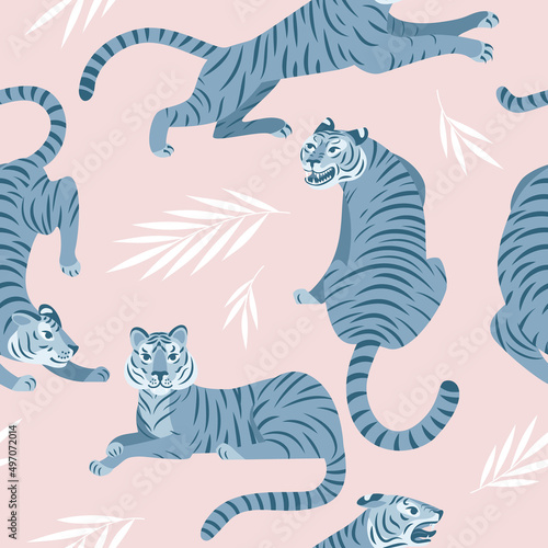 Seamless tropical pattern with blue tigers and palm leaves