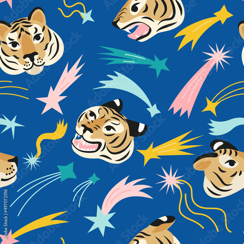 Seamless pattern with wild tigers and abstract geometric elements