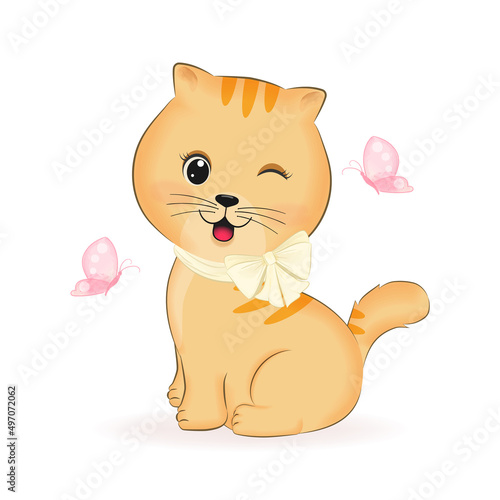 Cute little Orange Cat and butterfly, animal cartoon illustration