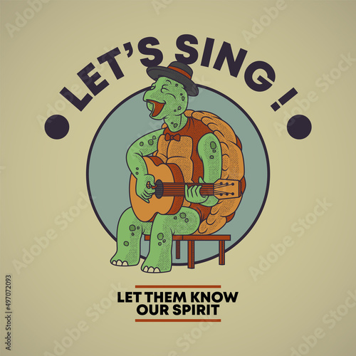 Cartoon emblem of turtle playing an acoustic guitar