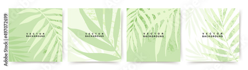 Summer green square backgrounds with tropical leaves and texture. Editable vector templates for card, banner, invitation, social media post, poster, mobile apps, web ads © Feodora_21
