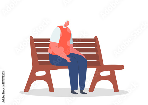Old Man Sitting on Bench Alone Isolated on White Background. Elderly Male Character Spend Time in City Park Outdoor