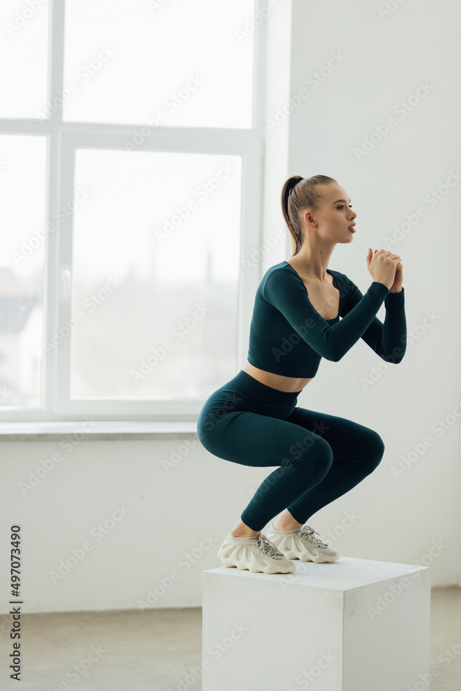 Shot of a young woman jumping onto a box as part of exercise routine. Fitness woman doing box jump workout at crossfit gym. Shot of a young woman jumping onto a box as part of exercise routine. Fitness woman doing box jump workout at crossfit gym.