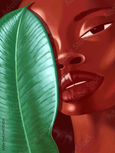 Close-up portrait of young beautiful African American woman partially hidden behind leaf of tropical plant. Painterly illustration. Ficus plant. 