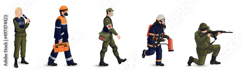 fifth column of war in Ukraine vector illustration set. Ukrainian soldier, firemen, military doctor, communal worker and military press Real heroes of Ukraine Full body isolated Body armor machine gun