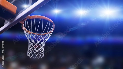 Basketball hoop and ball with spotlights, 3d rendering