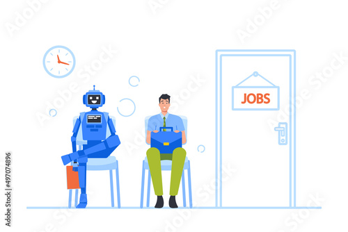 Robot and Businessman Sitting in Lobby Waiting Invitation for Job Interview. Human and Machine Characters Hiring