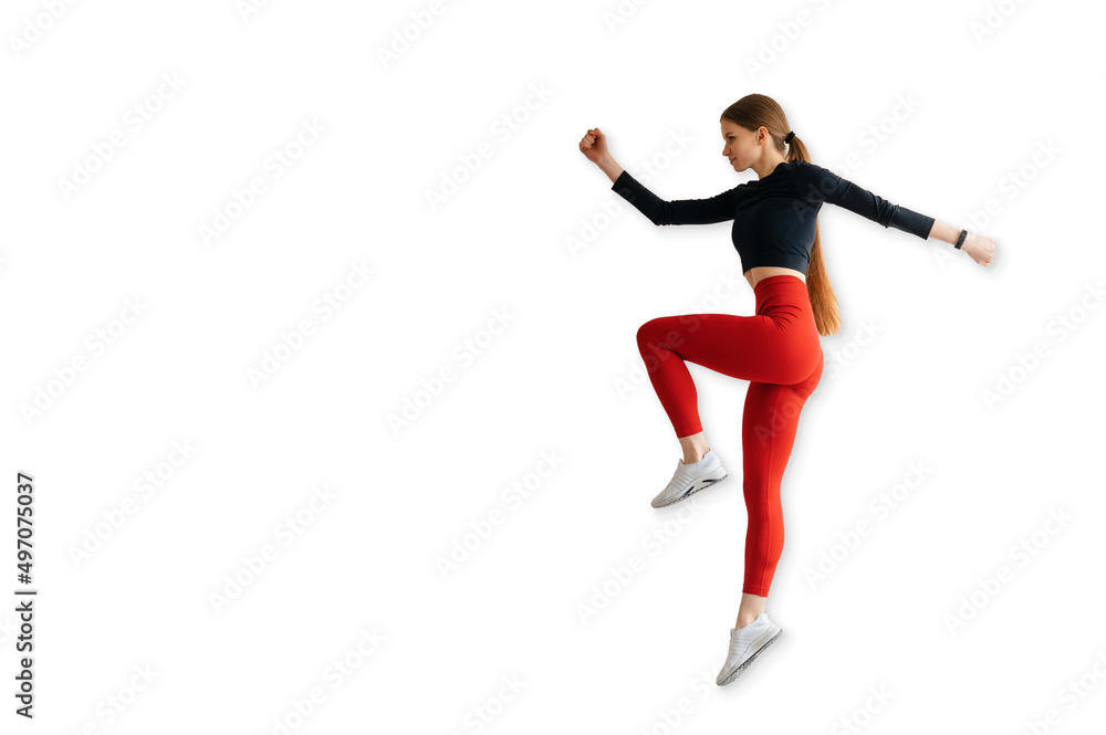 Dynamic movement of sporty woman runner in silhouette on white background