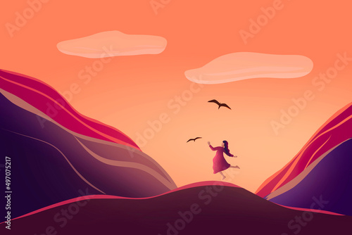 illustration of a girl is wandering in the nature. silhouette of young female in the mountains against the sunset.