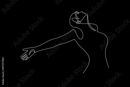 Continuous line art or One Line Drawing of a woman stretching arms is relaxing picture vector illustration photo