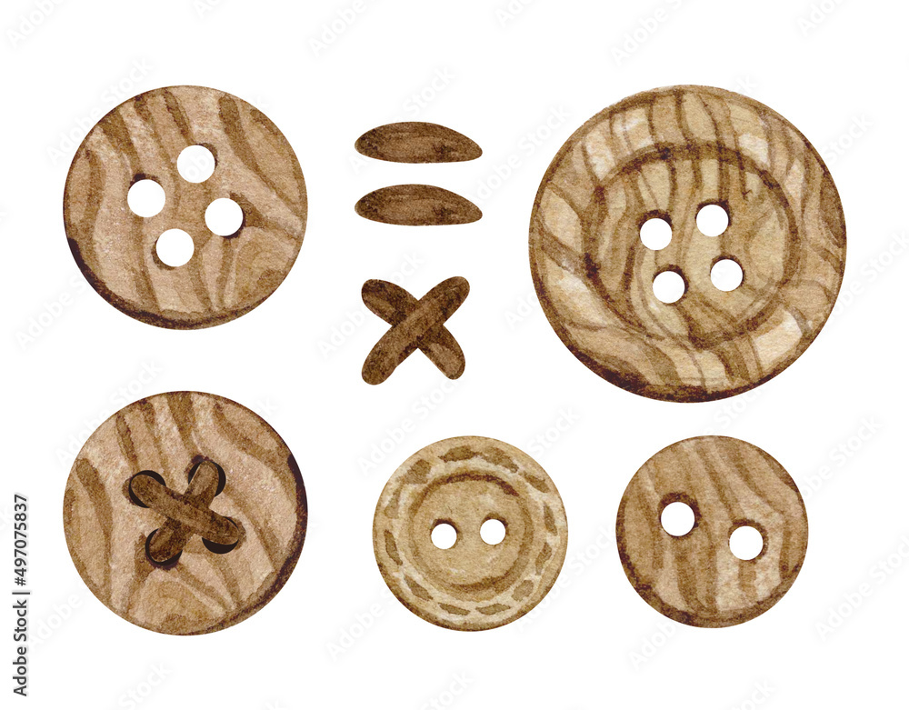 Watercolor illustrations with vintage wooden buttons isolated on white background. Needlework collection