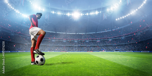 Football player and stadium with spotlights  3d rendering