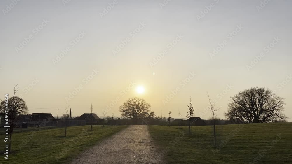 Golden english sunset on a beautiful evening, trees and path in line with the sun lowering in the distance Golden english sunset on a beautiful evening, trees and path in line with the sun lowering in the distance