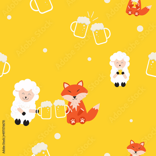 cute sheep and fox drinking beer seamless pattern for print or fabric