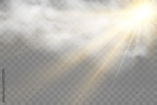 Vector illustration of the sun shining through the clouds. Sunlight. Cloudy vector.	
