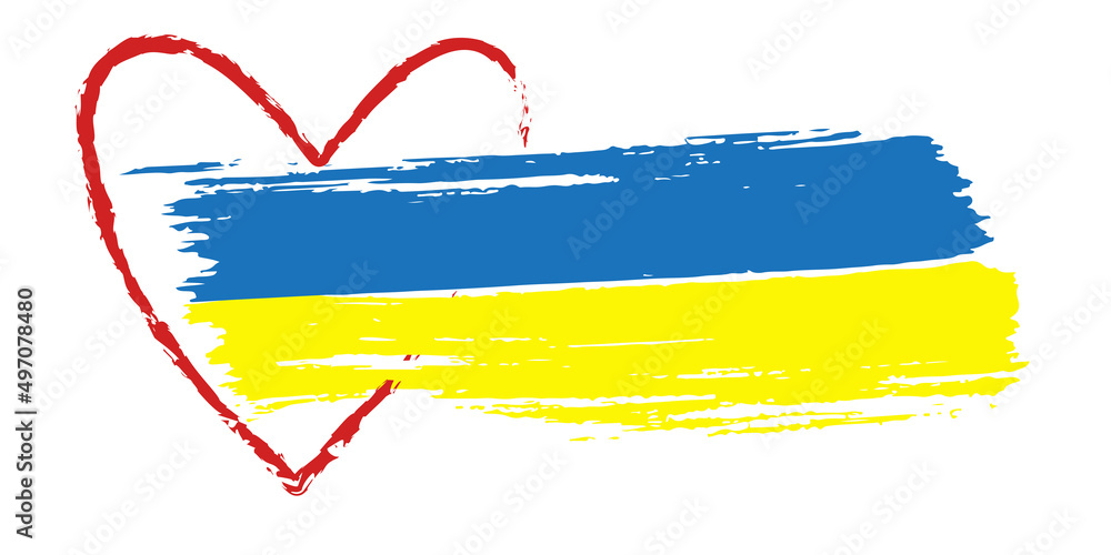 Obraz premium Ukrainian flag. Red heart border. Brush stroke yellow blue symbolism. Vector illustration isolated.